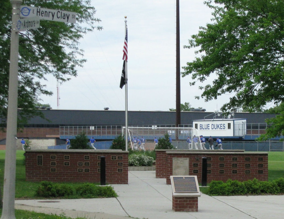 The Armory Park war memorial with American flag and veteran plaques