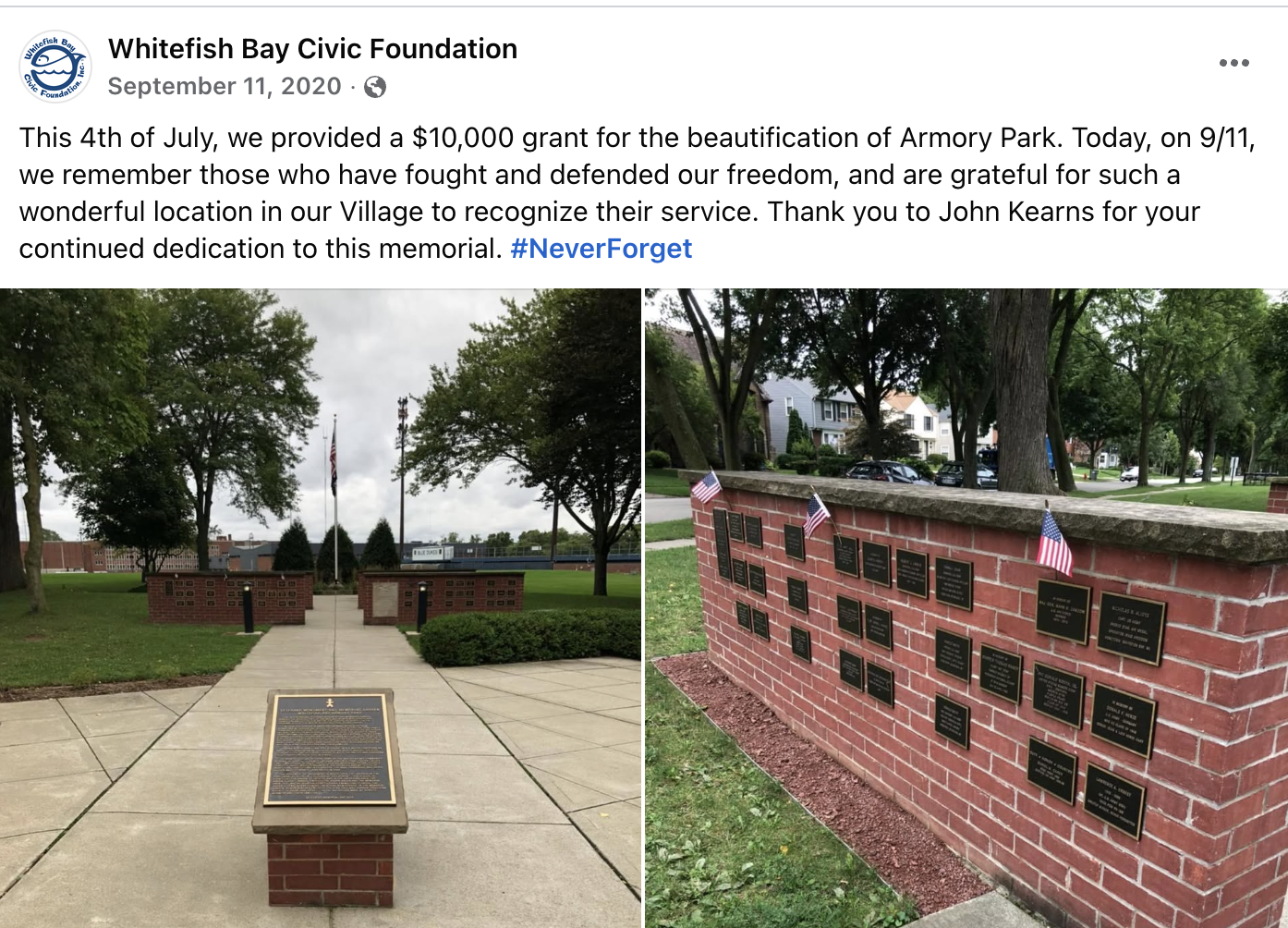Whitefish Bay Civic Foundation Facebook post about $10,000 grant for Armory Park beautification