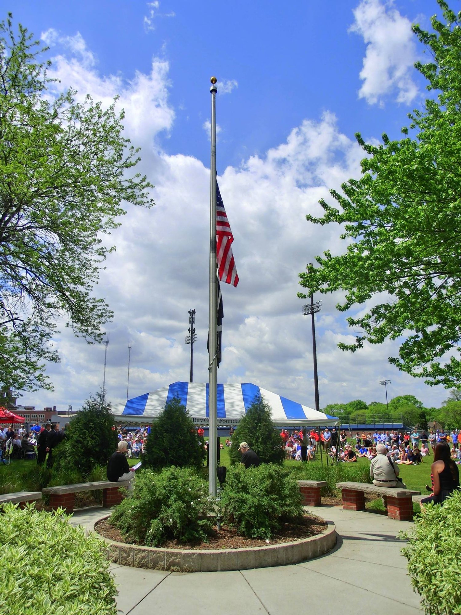 American flag at half staff during Memorial Day at Armory Park